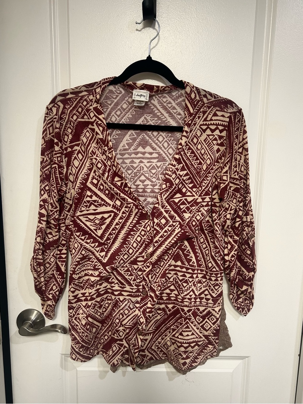 Daytrip Burgundy and Cream Geo-Print V-Neck Tunic